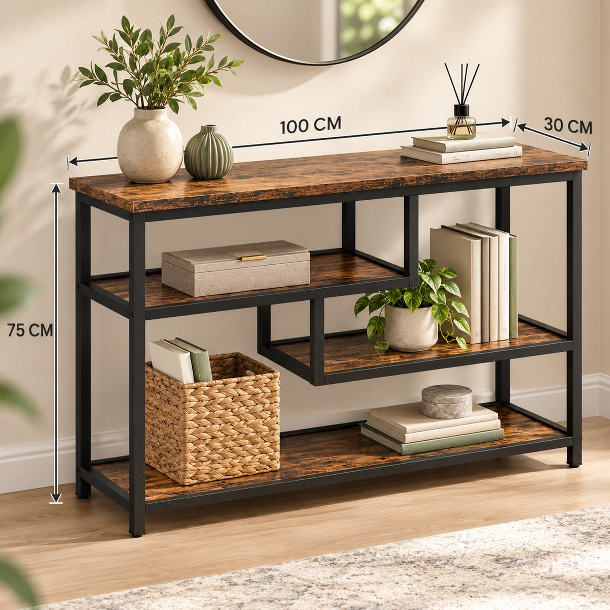 Consoletafel – Sidetable met 3 Opbergniveaus – Industrieel – Bruin/Zwart – 100 x 30 x 75 cm