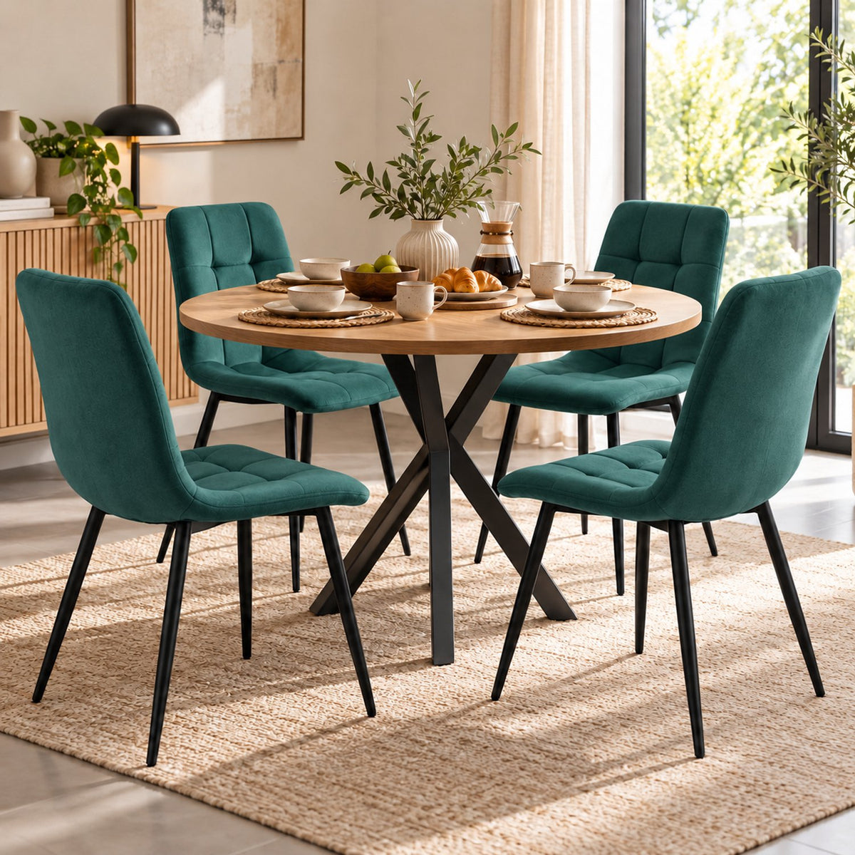 Eetkamerstoelen Set van 4 - Gestoffeerde Stoelen - Gewatteerde Rugleuning - Zwarte Metalen Poten - Donkergroen