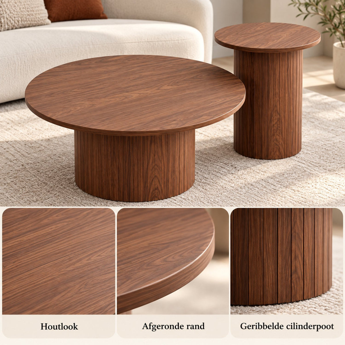 Salontafel Set van 2 – Ronde Nesttafels – Ø70 cm & Ø40 cm – MDF – Moderne Woonkamertafels – Bijzettafel & Salontafel - Walnoot
