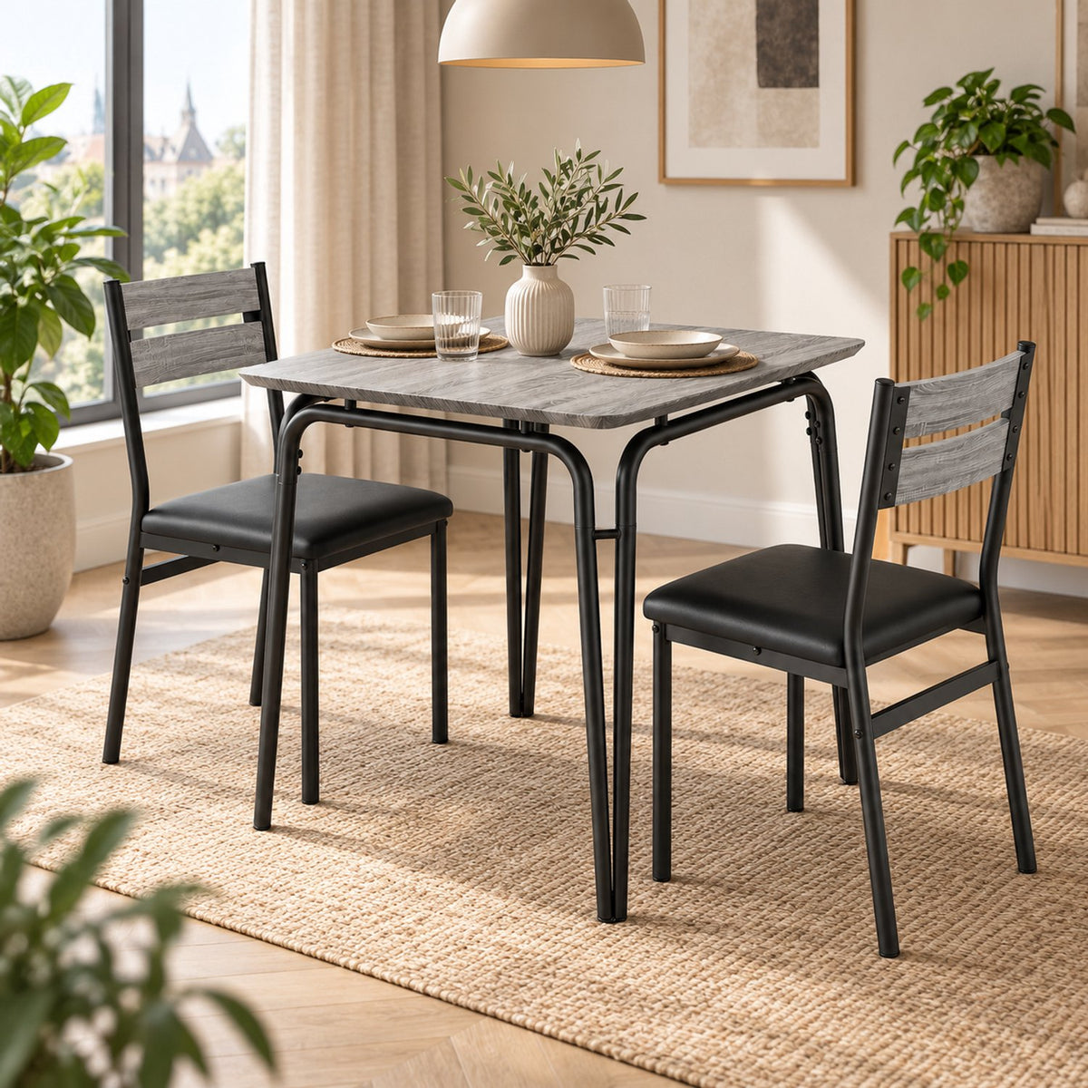 Eetkamerset voor 2 Personen – Compacte Keukentafel met 2 Stoelen – Ruimtebesparend – Zwart Houtlook