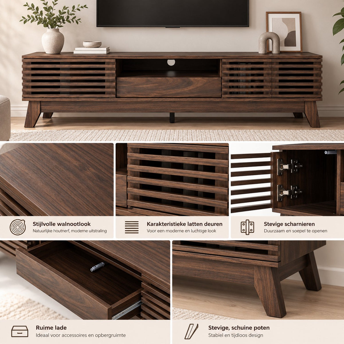TV Meubel - Met Lattenstructuur – 170 cm – Walnoot
