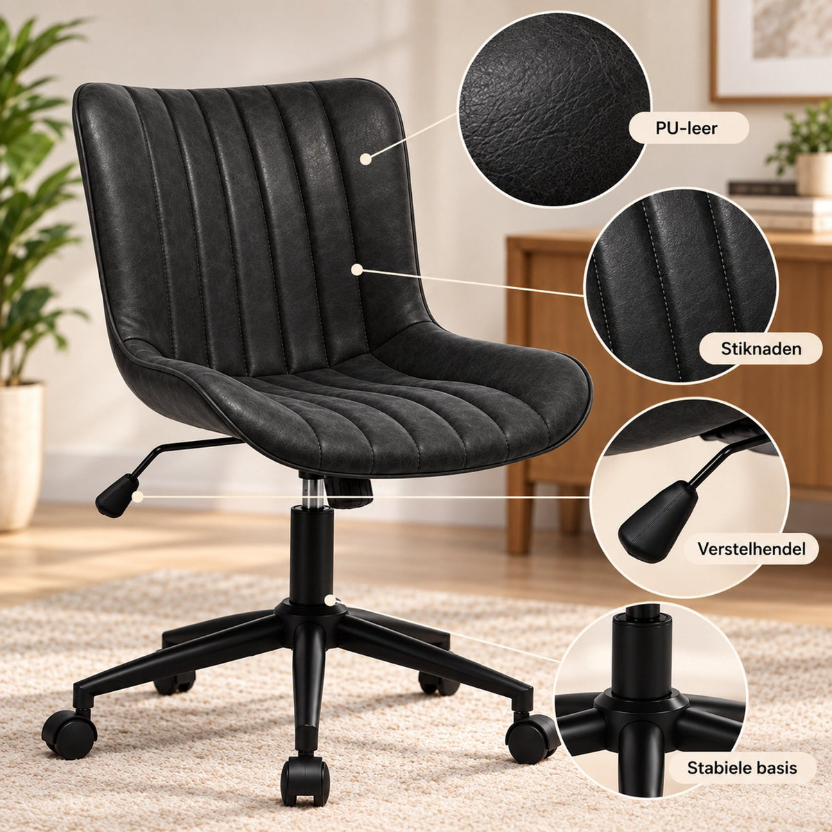 Bureaustoel - 360° Draaibaar – Gestoffeerde Design Stoel met Gegolfde Rugleuning – Compacte Thuiswerkstoel – 60 x 63 x 79 cm – Zwart