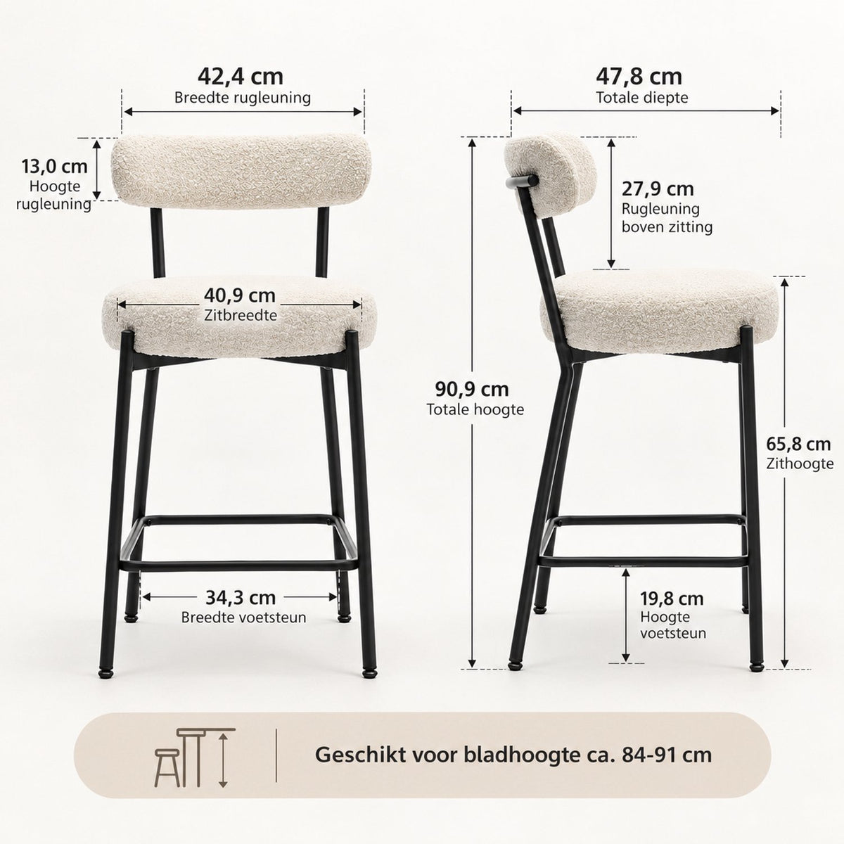 Barstoelen Set van 2 - Bouclé - Zithoogte 66 cm - Met Rugleuning en Voetsteun - Metalen Frame - Crème