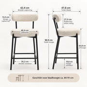 Barstoelen Set van 2 - Bouclé - Zithoogte 66 cm - Met Rugleuning en Voetsteun - Metalen Frame - Crème