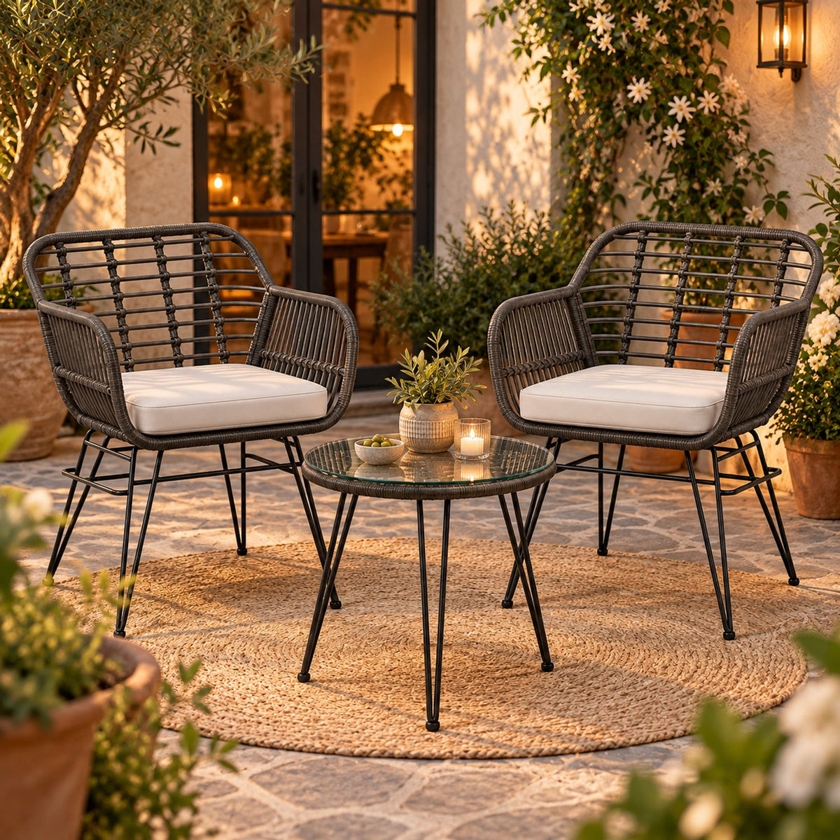 Bistroset 3 delig – 2 Rotan Tuinstoelen met Zitkussens & Tafel met Glazen Blad – Weerbestendige Balkonset – Grijs