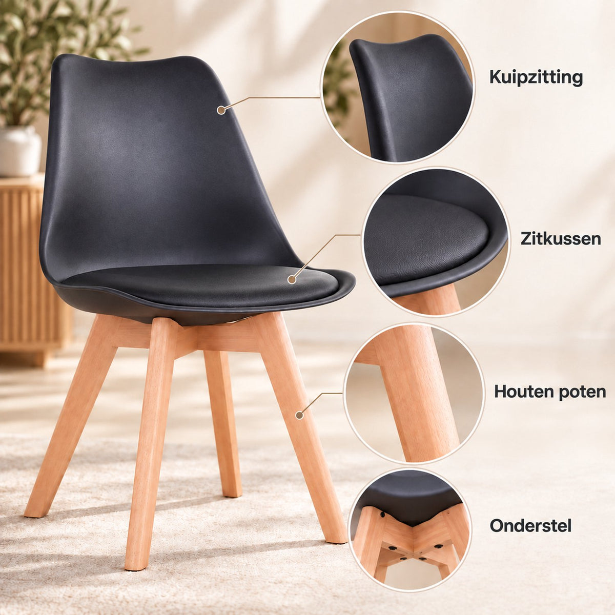 Eetkamerstoelen Set van 4 - Scandinavische Kuipstoelen - Houten Poten - Met Zitkussen - Moderne Eetkamerstoel – Zwart