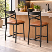 Barstoelen Set van 2 - Zithoogte 66 cm - PU Leren Zitting - Met Rugleuning en Voetsteun - Metalen Frame - Bruin