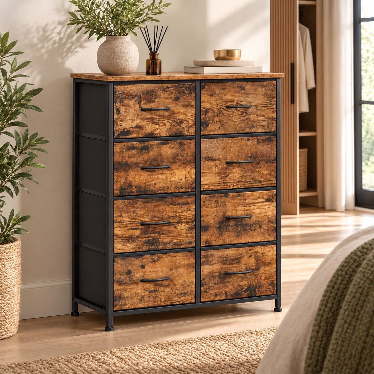 Ladekast - 8 Lades – Dressoir – 76,7 x 30 x 95,2 cm – Stalen Frame & MDF – Vintage Bruin/Zwart – Opbergkast