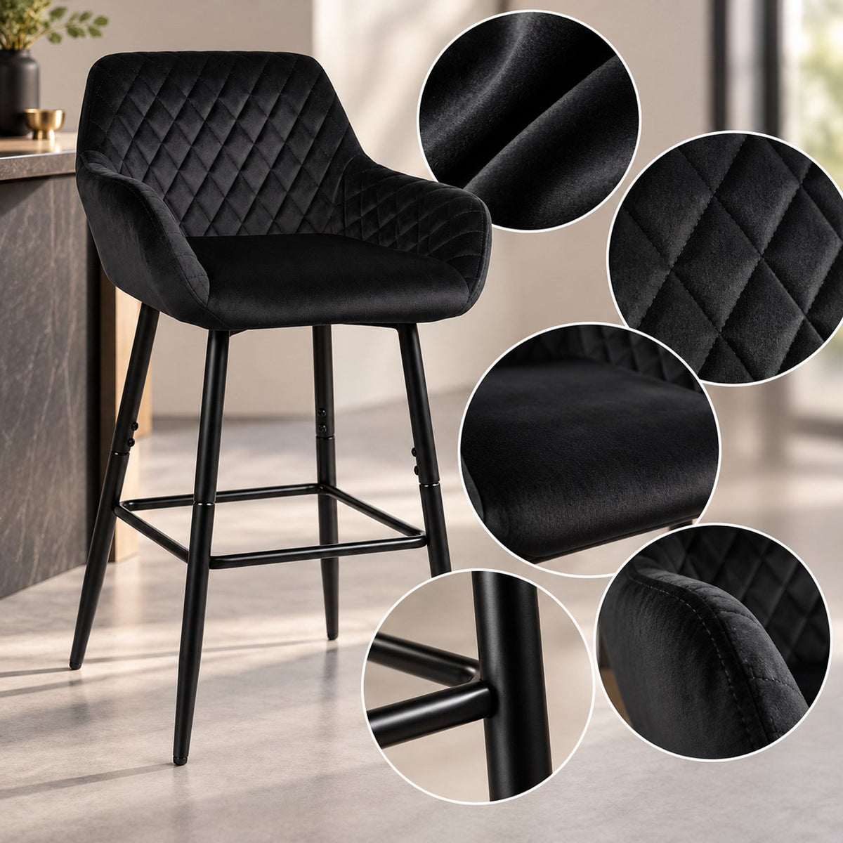 Barkrukken - Set van 2 - Zwart Fluweel - Zithoogte 60 cm - Met Rugleuning en Armleuningen - Metalen Poten - Keukenkrukken