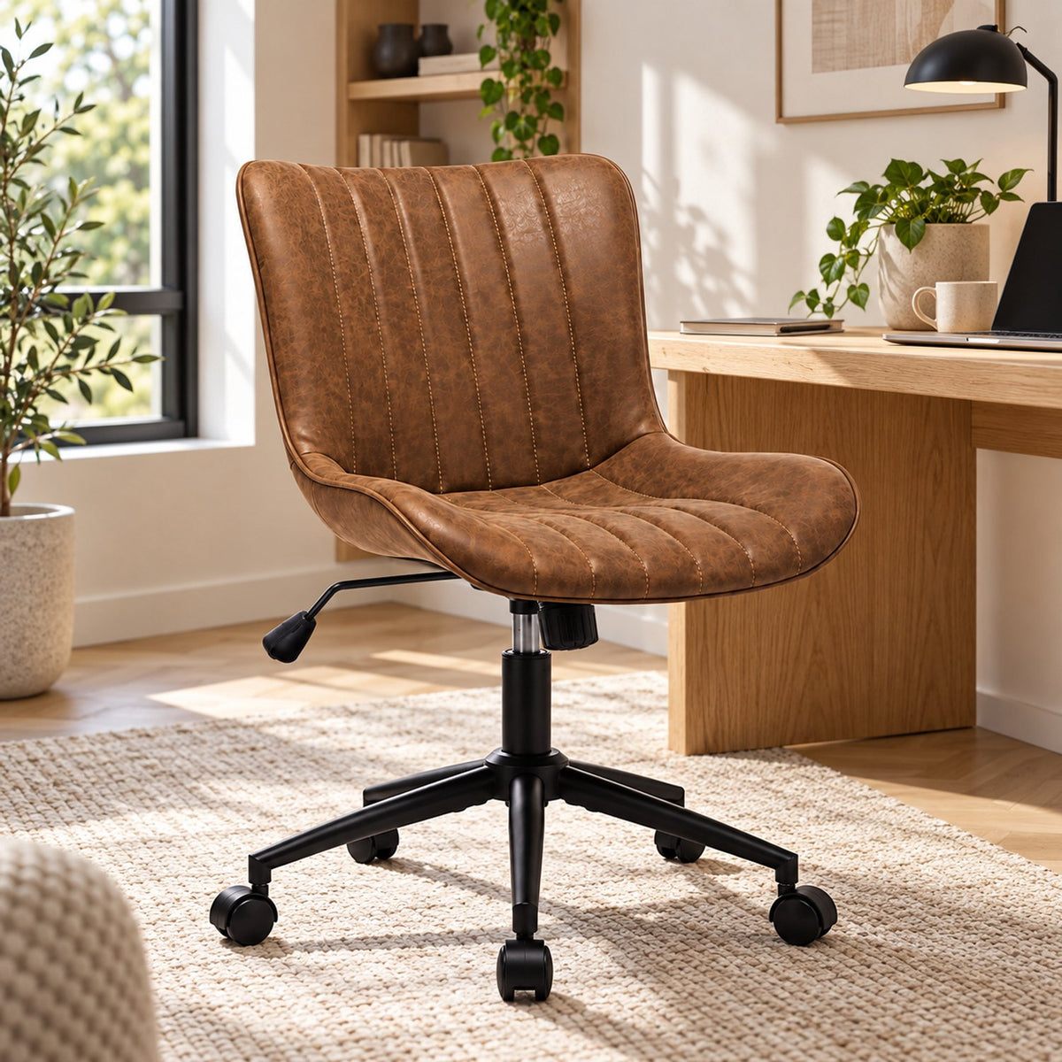 Bureaustoel - 360° Draaibaar – Gestoffeerde Design Stoel met Gegolfde Rugleuning – Compacte Thuiswerkstoel – 60 x 63 x 79 cm – Bruin