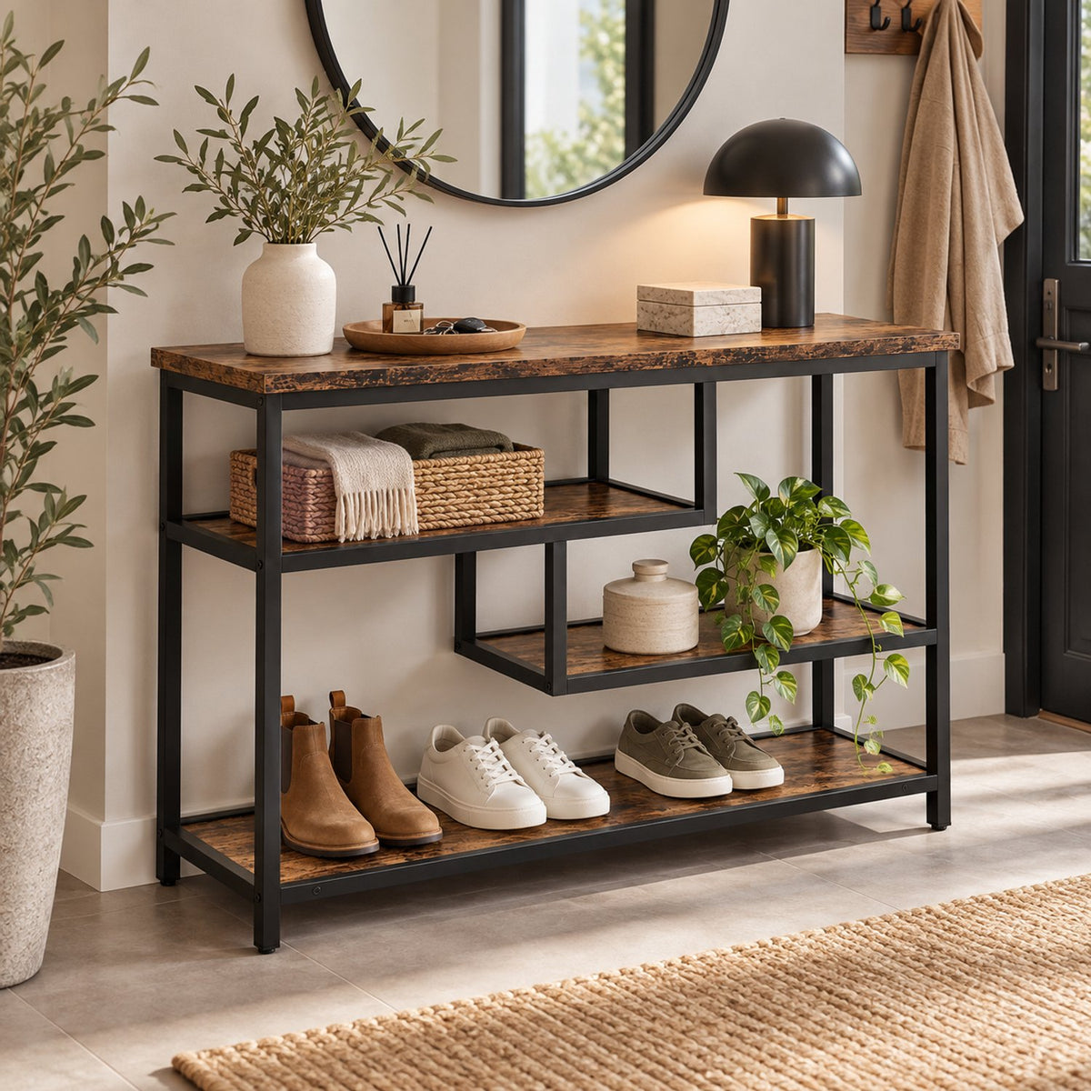Consoletafel – Sidetable met 3 Opbergniveaus – Industrieel – Bruin/Zwart – 100 x 30 x 75 cm
