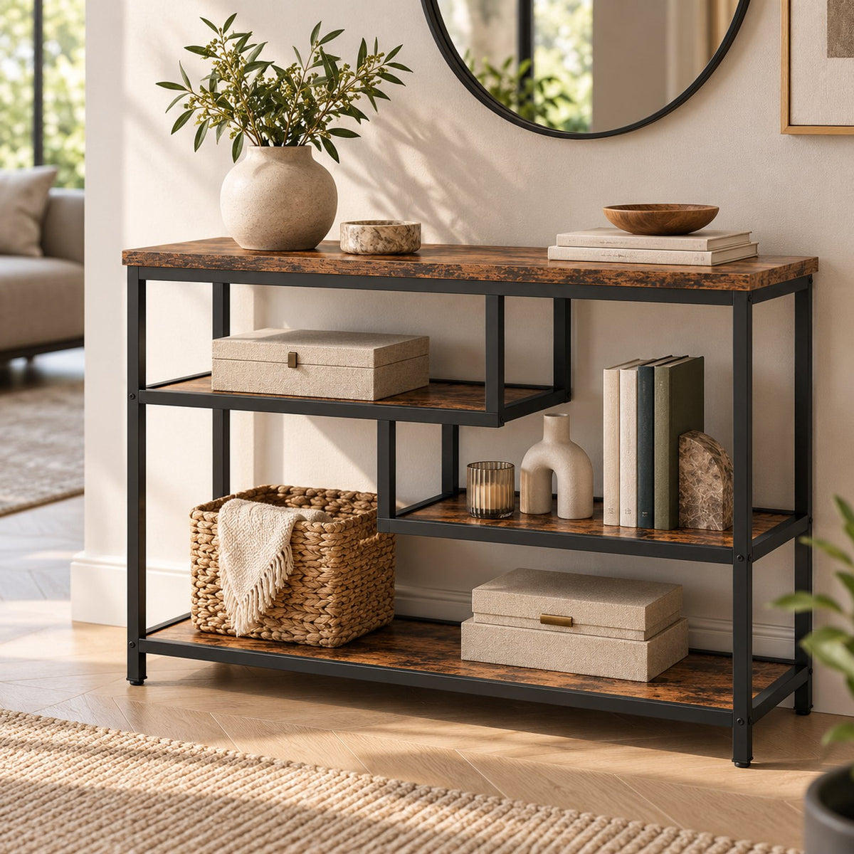 Consoletafel – Sidetable met 3 Opbergniveaus – Industrieel – Bruin/Zwart – 100 x 30 x 75 cm
