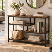 Consoletafel – Sidetable met 3 Opbergniveaus – Industrieel – Bruin/Zwart – 100 x 30 x 75 cm
