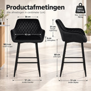 Barkrukken - Set van 2 - Zwart Fluweel - Zithoogte 60 cm - Met Rugleuning en Armleuningen - Metalen Poten - Keukenkrukken