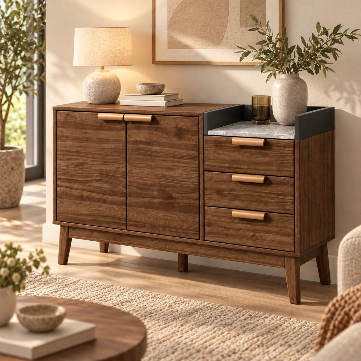 Dressoir – Opbergkast Eiken met Marmerlook Blad – 120 cm – 3 Laden & 2 Deuren – Verstelbare Planken – Massief Houten Poten – Mid-Century Sideboard