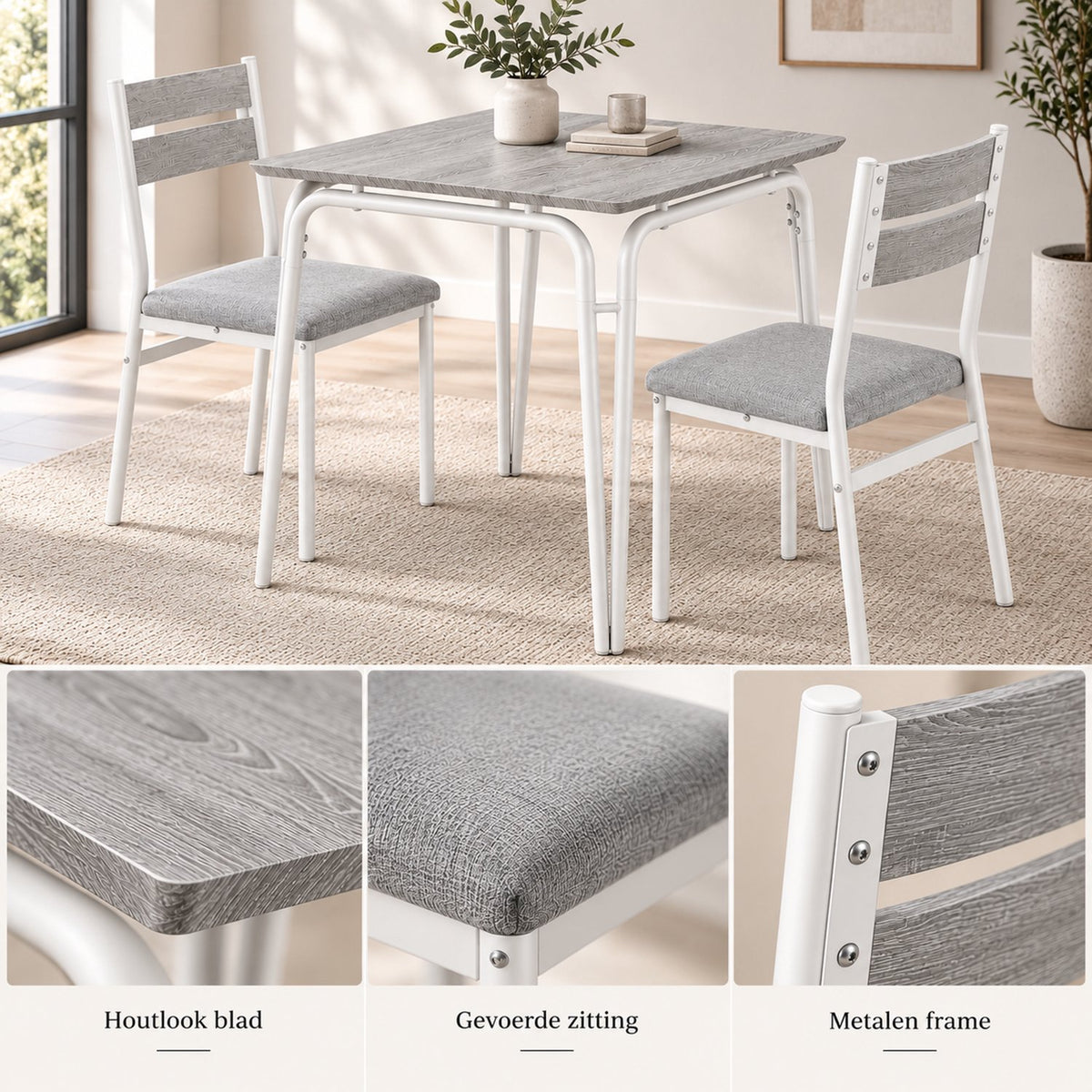 Eetkamerset voor 2 Personen – Compacte Keukentafel met 2 Stoelen – Ruimtebesparend – Wit Houtlook
