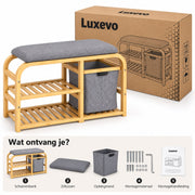Schoenenbank - Met Zitkussen en Opbergmand - Bamboe - 2 Schoenenplanken - 70 x 30 x 45 cm - Naturel/Grijs
