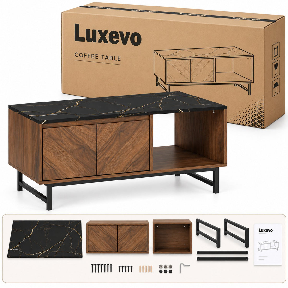 Salontafel - Woonkamertafel met Opbergruimte - 2 Deuren en Open Vak - Marmerlook & Walnoot - Metalen Frame - 100 x 45,7 cm