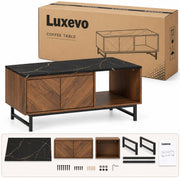 Salontafel - Woonkamertafel met Opbergruimte - 2 Deuren en Open Vak - Marmerlook & Walnoot - Metalen Frame - 100 x 45,7 cm