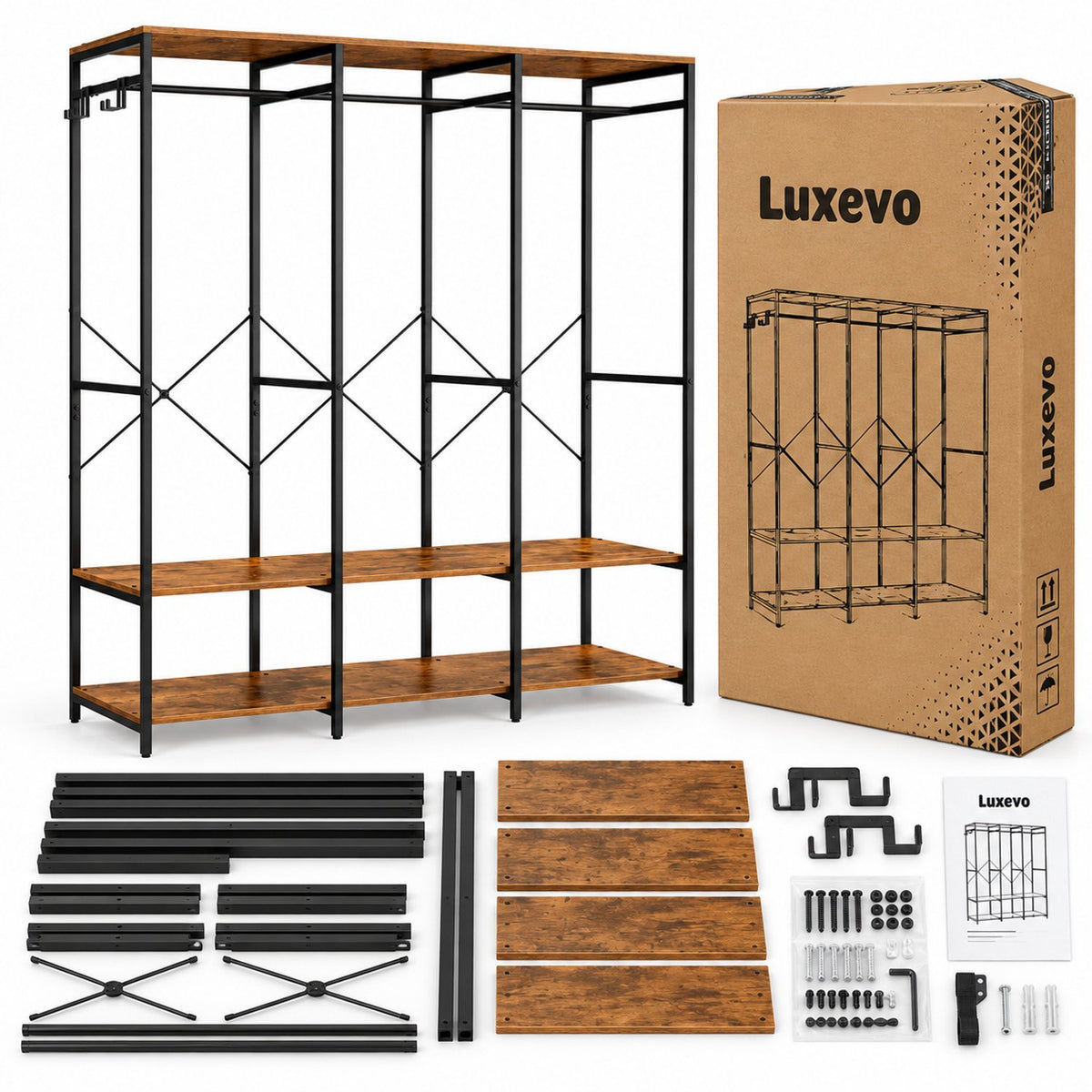 Open Kledingkast – Kledingrek met Planken en Kledingroede – Industrieel – 141 x 40 x 180 cm – Bruin/Zwart