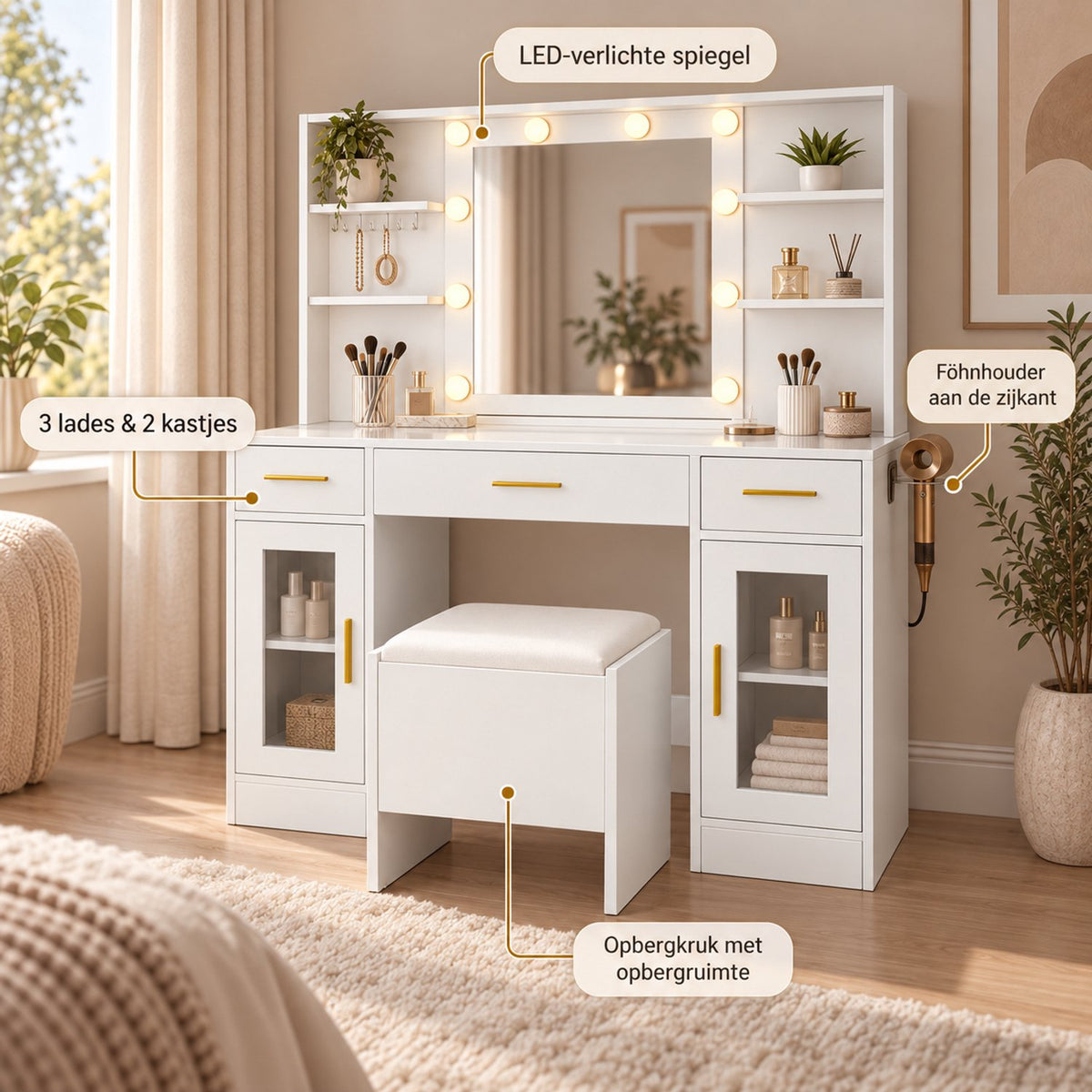 Kaptafel met Spiegel LED-Verlichting – Make-up Tafel met 8 Laden – Ingebouwd Stopcontact & USB – Met Föhn-Houder – 113 x 40 x 140 cm – Wit