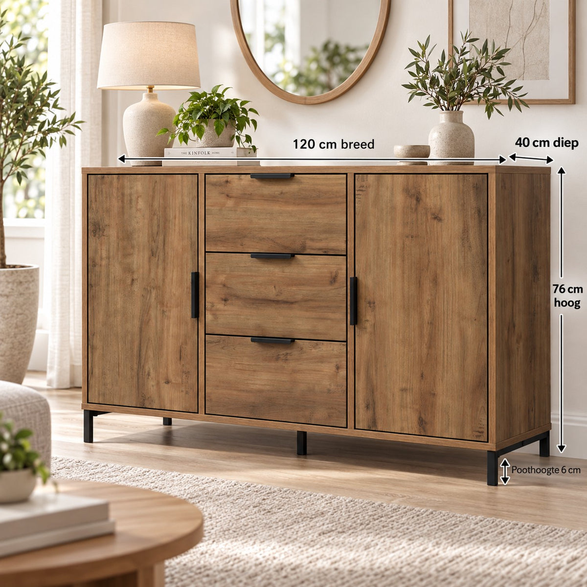 Dressoir – 120x40x76 cm – Donker Eiken – Industrieel Opbergkast met 3 Lades & 2 Deuren