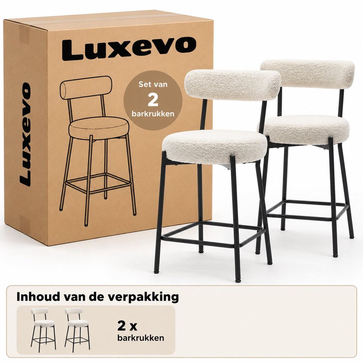Barstoelen Set van 2 - Bouclé - Zithoogte 66 cm - Met Rugleuning en Voetsteun - Metalen Frame - Crème