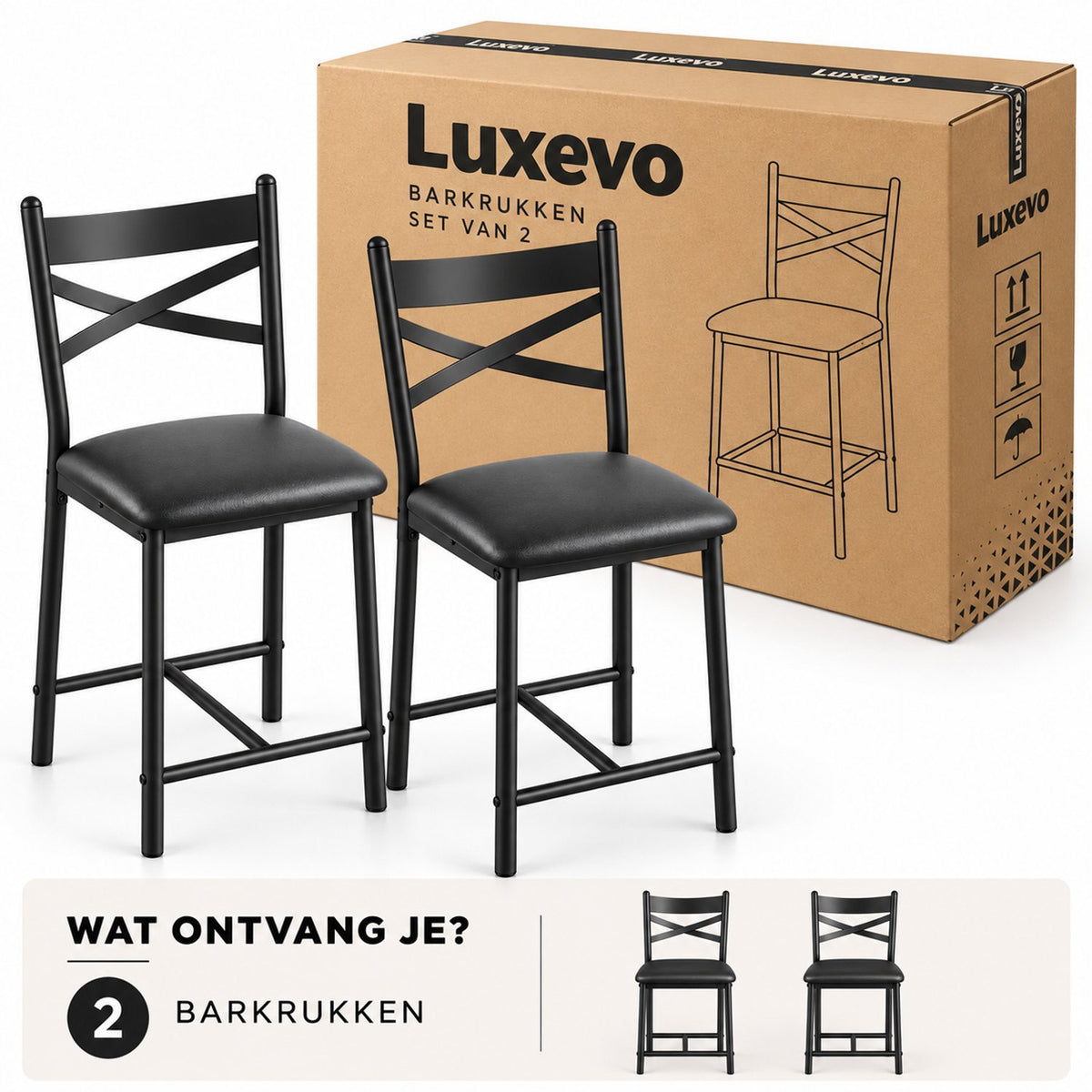 Barstoelen Set van 2 - Zithoogte 66 cm - PU Leren Zitting - Met Rugleuning en Voetsteun - Metalen Frame - Zwart