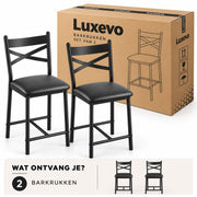 Barstoelen Set van 2 - Zithoogte 66 cm - PU Leren Zitting - Met Rugleuning en Voetsteun - Metalen Frame - Zwart