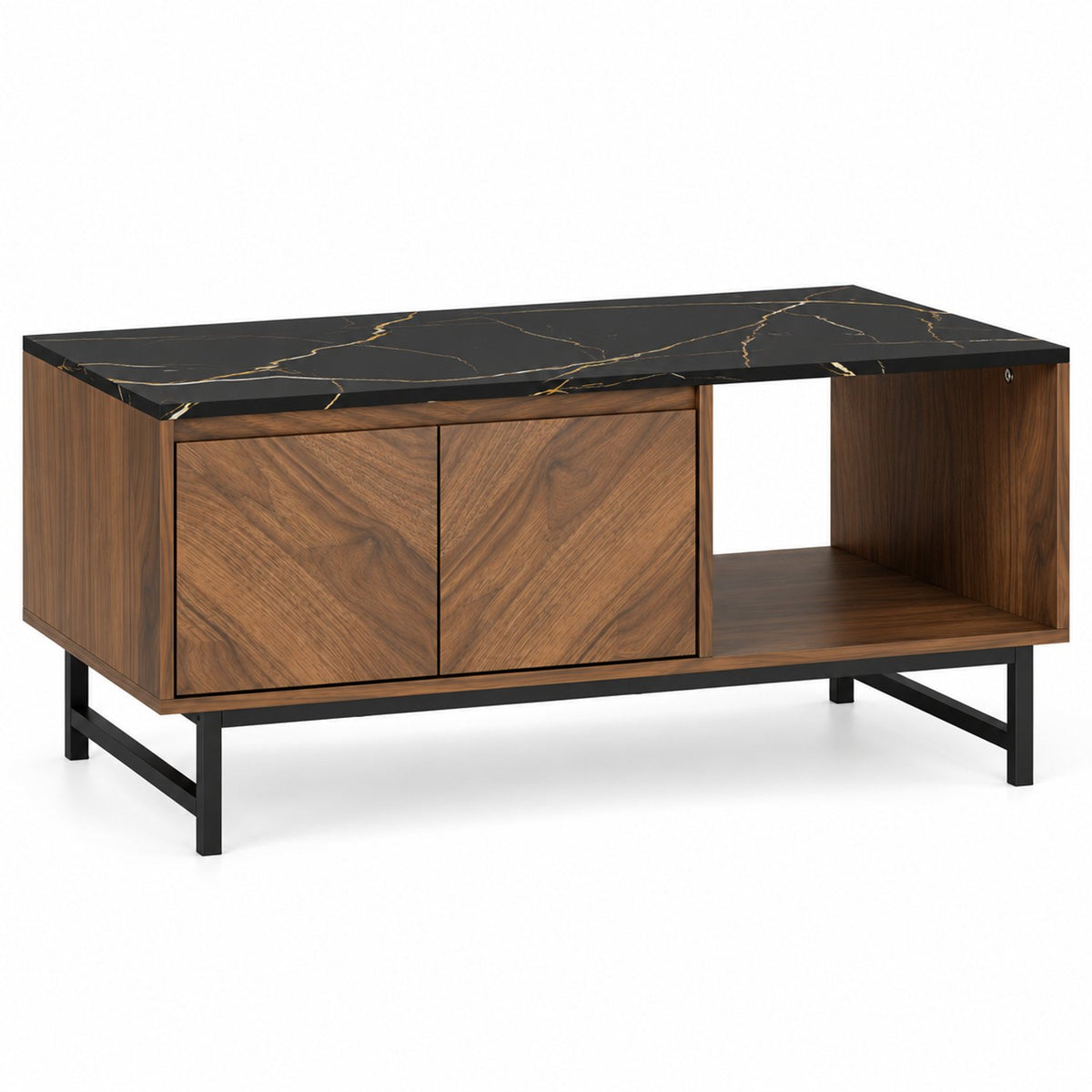 Salontafel - Woonkamertafel met Opbergruimte - 2 Deuren en Open Vak - Marmerlook & Walnoot - Metalen Frame - 100 x 45,7 cm