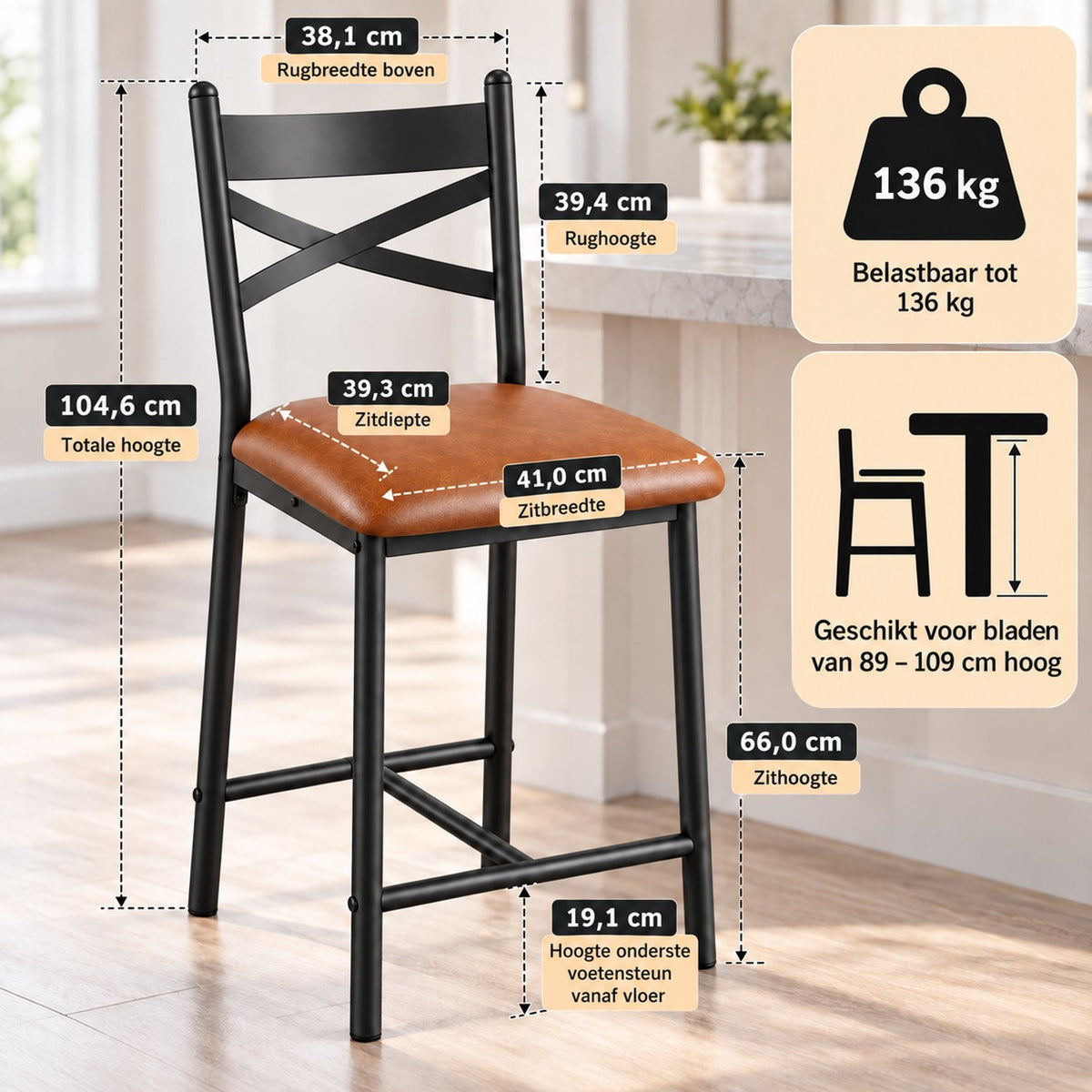 Barstoelen Set van 2 - Zithoogte 66 cm - PU Leren Zitting - Met Rugleuning en Voetsteun - Metalen Frame - Bruin