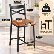 Barstoelen Set van 2 - Zithoogte 66 cm - PU Leren Zitting - Met Rugleuning en Voetsteun - Metalen Frame - Bruin