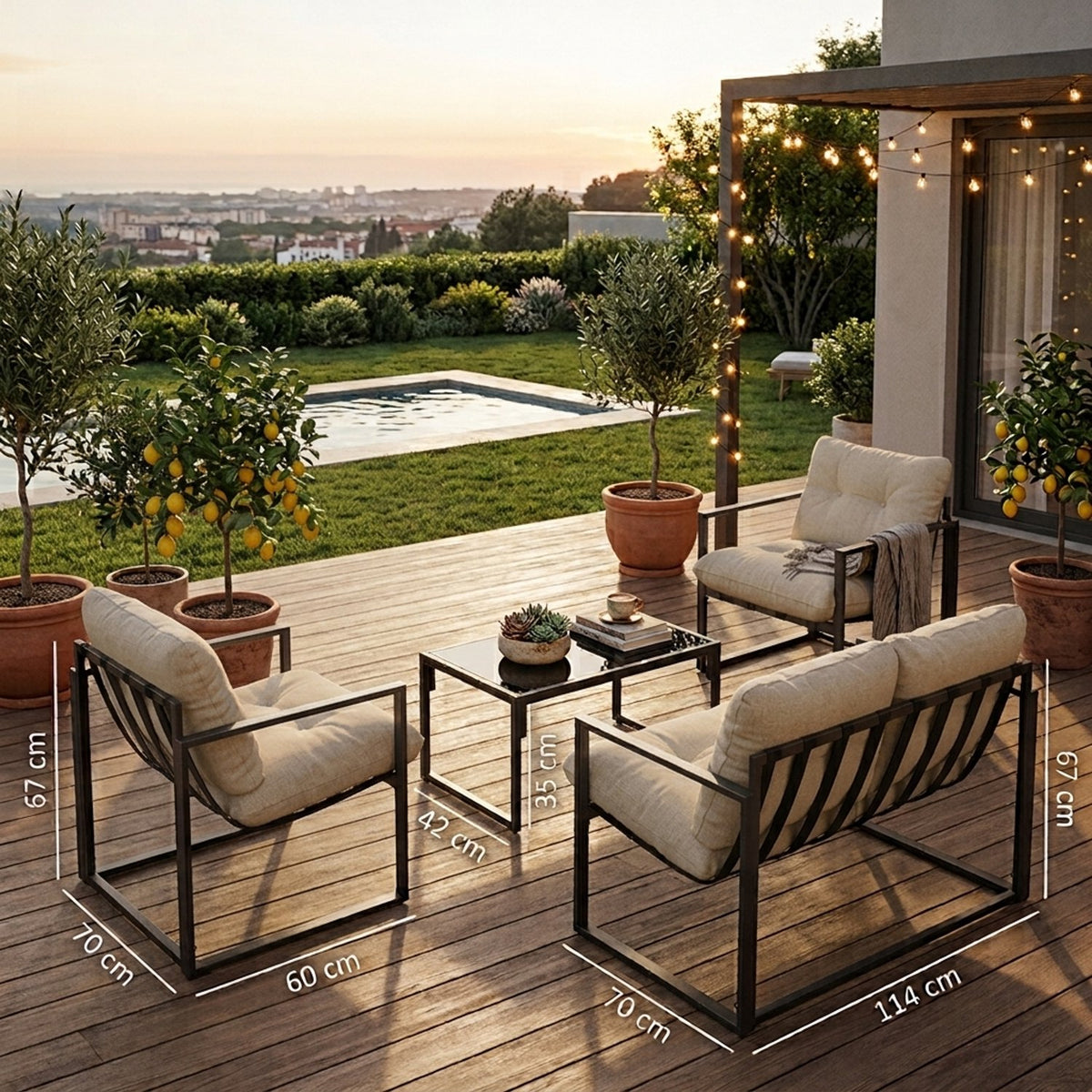 4 Delige Lounge Set – Tuinset voor 4 Personen met Salontafel & Extra Dikke Kussens - Beige