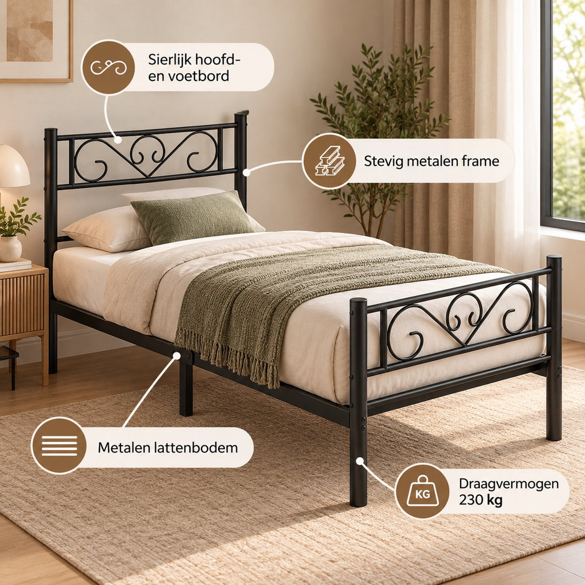 Enkel Metalen Bedframe - 90x200cm