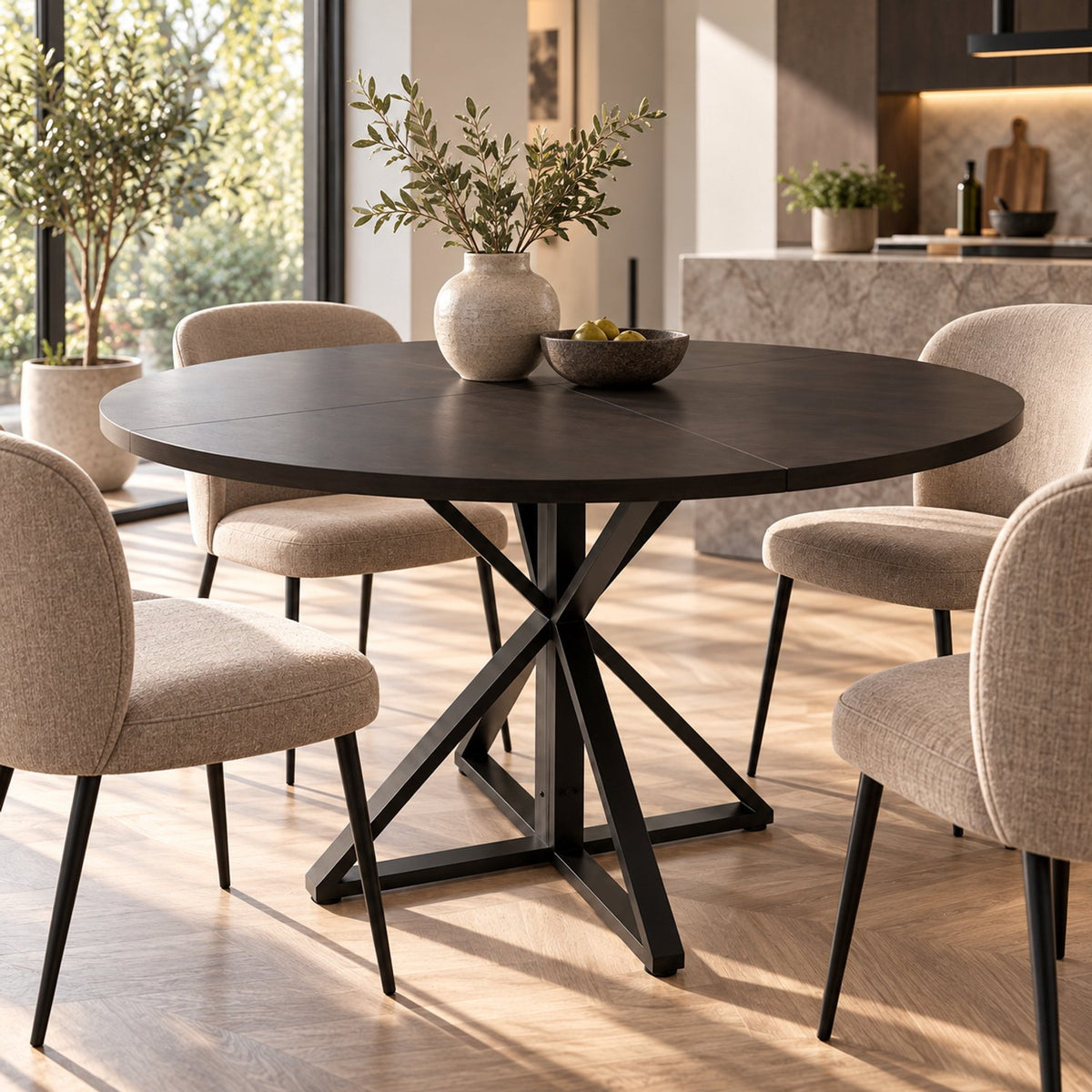 Ronde Eettafel - Ø120 cm – Donker Houtlook – Zwart Metalen Onderstel – 76 cm Hoog – Moderne Industriële Eettafel