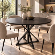 Ronde Eettafel - Ø120 cm – Donker Houtlook – Zwart Metalen Onderstel – 76 cm Hoog – Moderne Industriële Eettafel