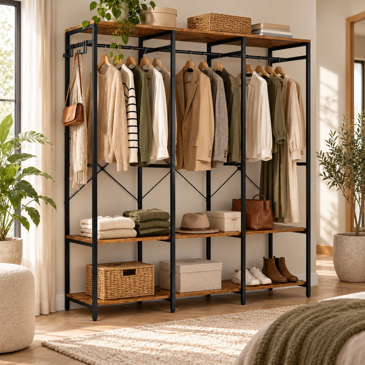 Open Kledingkast – Kledingrek met Planken en Kledingroede – Industrieel – 141 x 40 x 180 cm – Bruin/Zwart