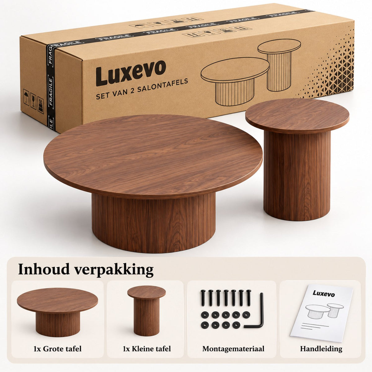 Salontafel Set van 2 – Ronde Nesttafels – Ø70 cm & Ø40 cm – MDF – Moderne Woonkamertafels – Bijzettafel & Salontafel - Walnoot