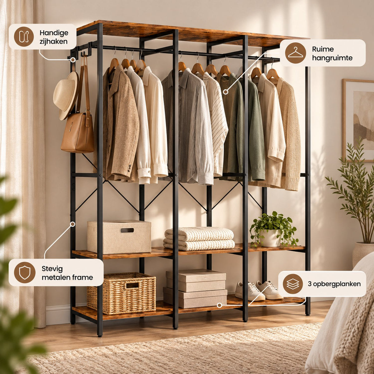 Open Kledingkast – Kledingrek met Planken en Kledingroede – Industrieel – 141 x 40 x 180 cm – Bruin/Zwart