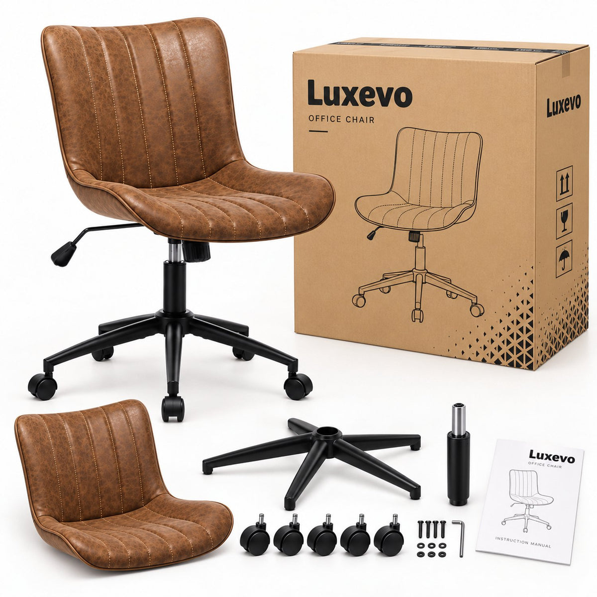 Bureaustoel - 360° Draaibaar – Gestoffeerde Design Stoel met Gegolfde Rugleuning – Compacte Thuiswerkstoel – 60 x 63 x 79 cm – Bruin