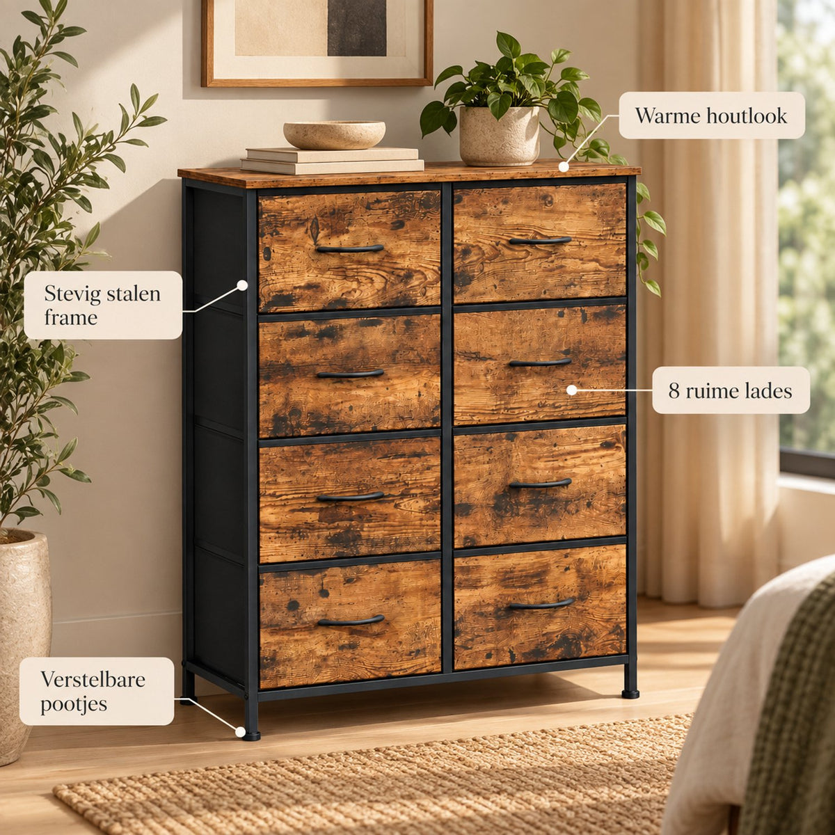 Ladekast - 8 Lades – Dressoir – 76,7 x 30 x 95,2 cm – Stalen Frame & MDF – Vintage Bruin/Zwart – Opbergkast