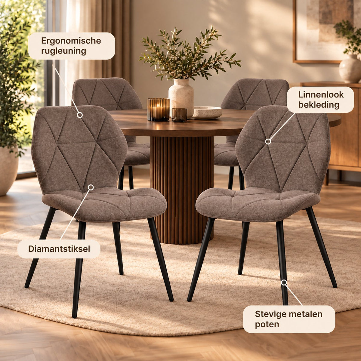 Eetkamerstoelen – Set van 4 – Ergonomisch – Metalen Poten – Bruin