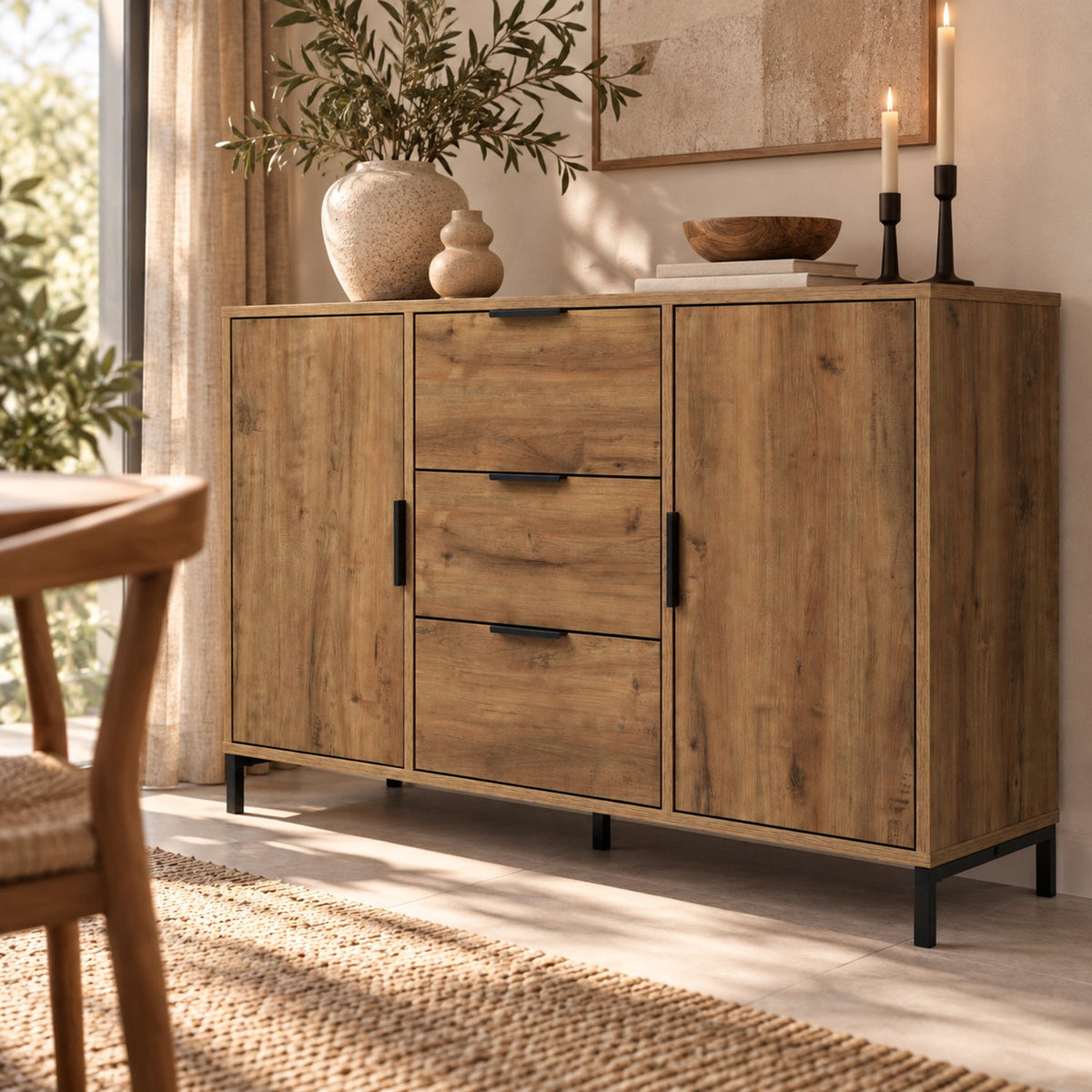 Dressoir – 120x40x76 cm – Donker Eiken – Industrieel Opbergkast met 3 Lades & 2 Deuren