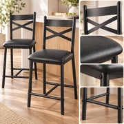 Barstoelen Set van 2 - Zithoogte 66 cm - PU Leren Zitting - Met Rugleuning en Voetsteun - Metalen Frame - Zwart