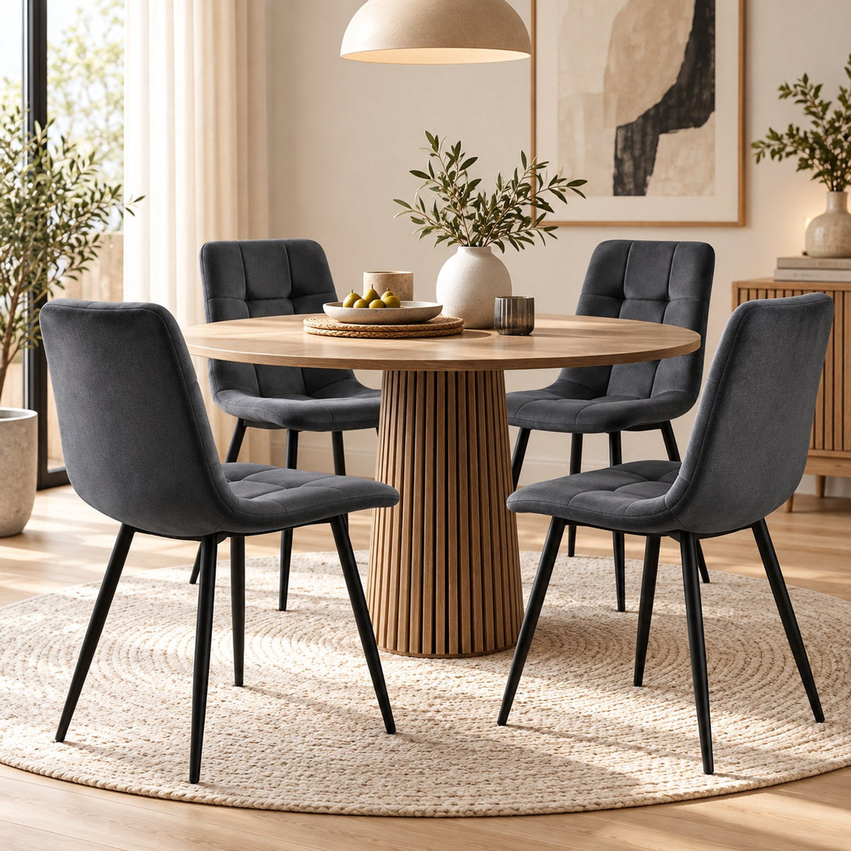 Eetkamerstoelen Set van 4 - Gestoffeerde Stoelen - Gewatteerde Rugleuning - Zwarte Metalen Poten - Grijs