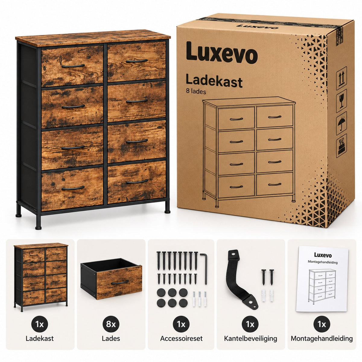 Ladekast - 8 Lades – Dressoir – 76,7 x 30 x 95,2 cm – Stalen Frame & MDF – Vintage Bruin/Zwart – Opbergkast
