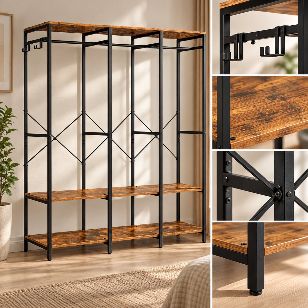 Open Kledingkast – Kledingrek met Planken en Kledingroede – Industrieel – 141 x 40 x 180 cm – Bruin/Zwart