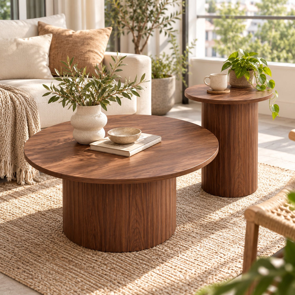 Salontafel Set van 2 – Ronde Nesttafels – Ø70 cm & Ø40 cm – MDF – Moderne Woonkamertafels – Bijzettafel & Salontafel - Walnoot