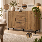Dressoir – 120x40x76 cm – Donker Eiken – Industrieel Opbergkast met 3 Lades & 2 Deuren