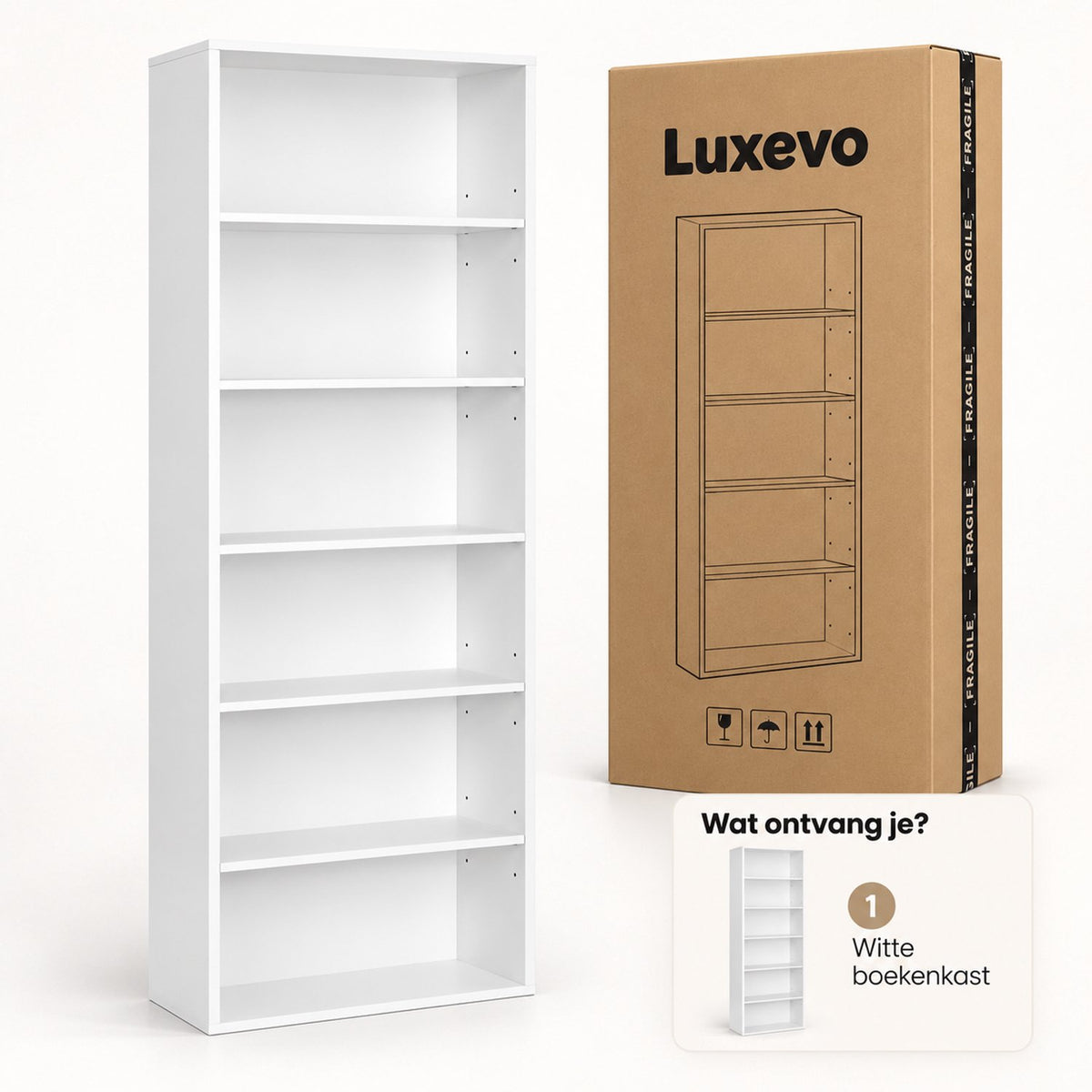 Boekenkast 6 Vakken – Open Kast 178x60x30 cm – Moderne Opbergkast – Wit – Staande Boekenkast voor Woonkamer, Slaapkamer & Kantoor